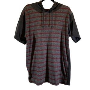 MetroZone men's size Large Striped short sleeve hoodie gray burgundy